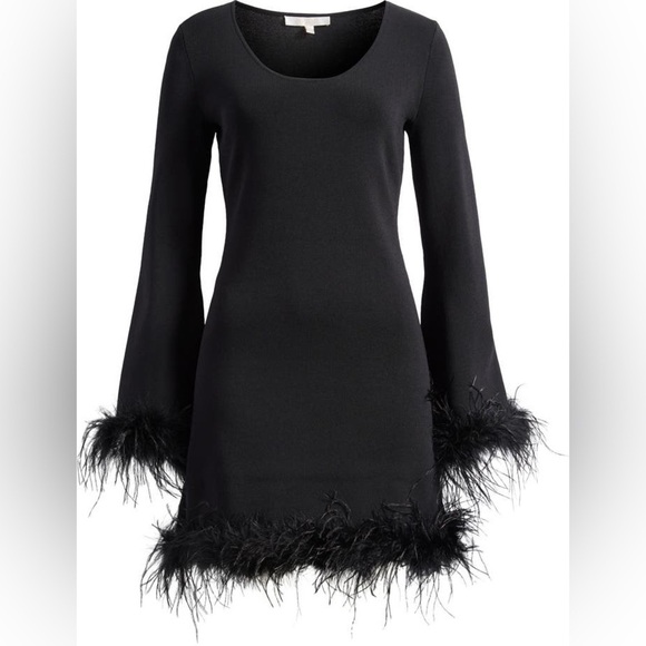 NWT WAYF Black Karlie Feather Trim Long Sleeve Women’s Minidress Size X-Small - Picture 6 of 6